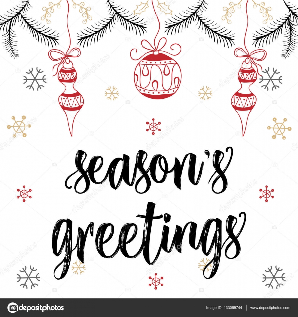 Disegnato a mano pennello lettering nella tavolozza di colori pastello fiocchi di neve con le sfere vischio Modello di biglietto banner con auguri