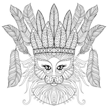 Zentangle kedi ile Hint savaş bonnet, kuş tüyleri yetişkin antistress boyama sayfaları, kitaplar, Sanat Terapisi için. Süsleme sanatsal vektör çizim dövme, t-shirt baskı için.