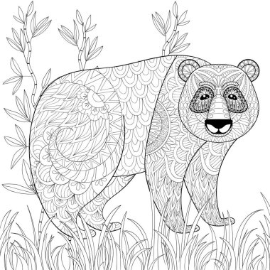 Zentangle, kabile stili bambu ile büyük Panda. FreeHand etnik kroki antistress yetişkin renklendirme sayfa için rezervasyon yaptırın. Dövme, t-shirt baskı için sanatsal süs vektör çizim. Hayvan koleksiyonu. 