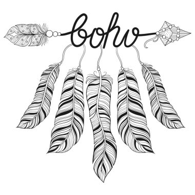 Boho chic etnik okla tüyler, özgürlük kavramı. Çizilmiş Amerikan yerli tarzı, Yetişkin boyama sayfaları, Sanat Terapisi, etnik t-shirt kabile yazdırma ne zentangle örnek ver. Kına dövme tasarım.