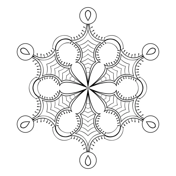 Vector snow flake in zentangle doodle style, black mandala for adult coloring pages. Ornamental freehand winter illustration for decoration. Christmas greeting card element, invitation template. — Stock Vector