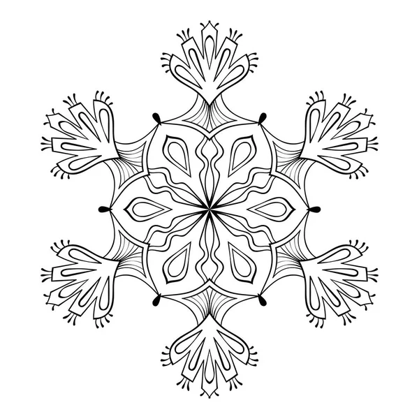 Vector snow flake i zentangle doodle stil, mandala för vuxna färg sidor. Prydnads freehand vintern illustration för dekoration. Christmas gratulationskort element, inbjudan mall. — Stock vektor