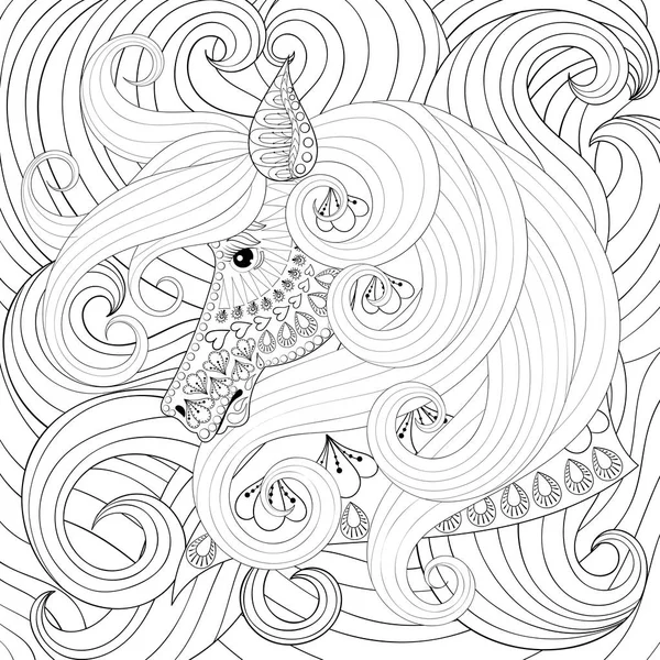 Ενήλικος χρωματισμός βιβλίο με ακανθώδεις θάμνους κεφάλι με τις μακριές τρίχες, εικονογράφηση διάνυσμα zentangle για την τέχνη της θεραπείας, ταχυδρομική κάρτα, t-shirt Εκτύπωση. Boho τατουάζ σχεδιασμού με doodle στοιχεία. — Διανυσματικό Αρχείο