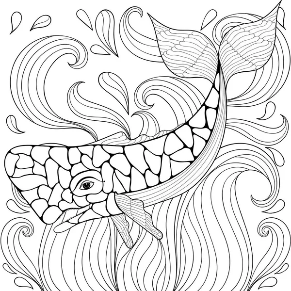 Zentangle Whale în valuri. Schiță liberă pentru pagini de colorat antistres pentru adulți, cărți. Ilustrație vectorială artistică ornamentală pentru tatuaj, imprimare tricou. Colectarea animalelor marine . — Vector de stoc