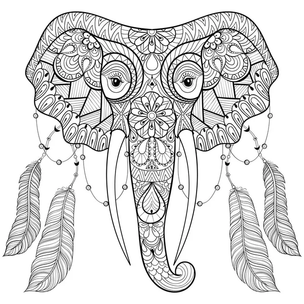 Zentangle Indische olifant met vogel veren in boho chic stijl. FreeHand schets voor volwassene anti stress Kleurplaat, boeken. Vectorillustratie voor t-shirt print, stof, kunstzinnige therapie, tatoeage. — Stockvector