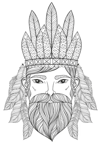 Vector zentangle Retrato de homem com bigode, barba, boné de guerra com penas para páginas de colorir adultos, arte da tatuagem, estampagem de t-shirt com padrão étnico . — Vetor de Stock