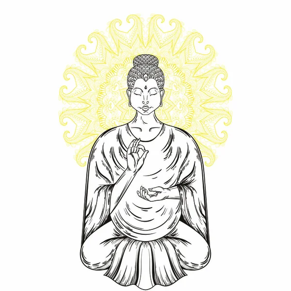 Vektor Duduk Buddha dalam pose Lotus. Seni tato Buddhisme, cetak kaos agama. Ilustrasi gambar tangan antik. Spiritual, motif yoga, simbol Tibet, Asia . - Stok Vektor