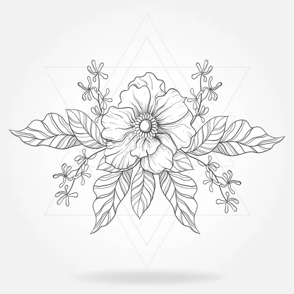 Freehand boho tattoo. Blackwork flower in hipster triangles frame. Vector illustration, tattoo sketch isolated on white for t-shirt print, poster, textile.  Line art drawing. — Stock Vector