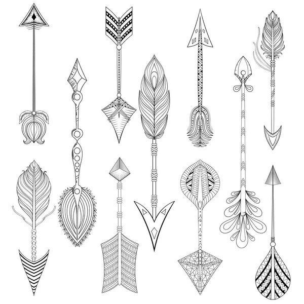 Vector ethnic Arrows set in zentangle design,concept. Hand drawn American illustration for t-shirt tribal print. Henna black tattoo art. — Stock Vector