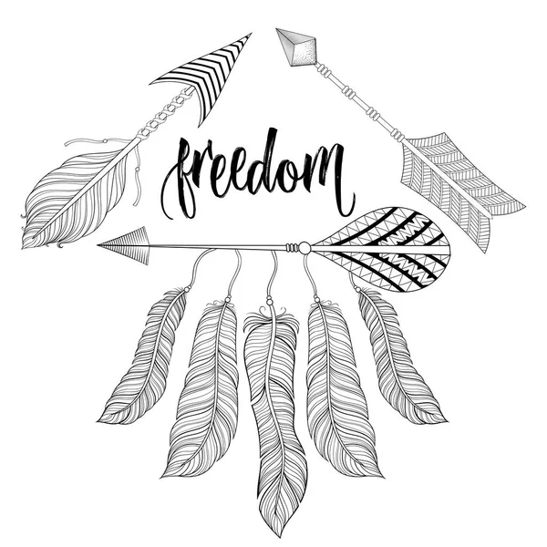 Boho chique triângulo étnico Dreamcatcher com penas, setas, caligrafia liberdade, conceito hipster. Estilo nativo americano, ilustração zentangle para páginas de colorir adulto, impressão tribal t-shirt. Desenho de tatuagem . —  Vetores de Stock