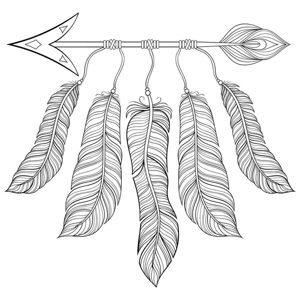 Boho chic ethnique flèche avec des plumes, concept de liberté. Dessiné à la main style indien américain, illustration zentangle pour les pages à colorier pour adultes, art thérapie, imprimé tribal t-shirt ethnique. Conception de tatouage au henné . — Image vectorielle