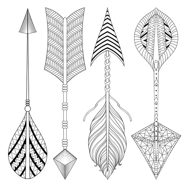 Boho chic ethnic Arrow set with feathers, freedom hipster concept. American native style, zentangle illustration for adult coloring pages, art therapy, ethnic t-shirt tribal print. Henna tattoo design. — Stock Vector