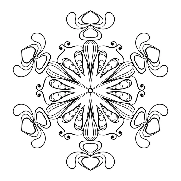 Vector snow flake in zentangle doodle style, vintage mandala for adult coloring pages. Ornamental freehand winter illustration for decoration. Christmas greeting cards, invitation template. — Stock Vector