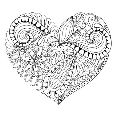 Sanatsal çiçek doodle kalp yetişkin renklendirme sayfa için zentangle tarzında. El vektör tek renkli resimde çekilmiş. Sevgililer günü tebrik kartı şablon arka plan. Aşk sembolü.