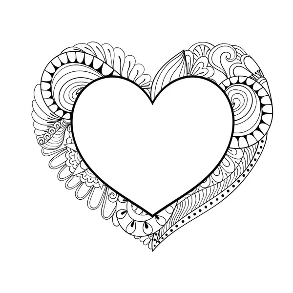 Bingkai jantung corat-coret Floral dalam gaya zentangle untuk halaman pewarnaan dewasa. Ilustrasi gambar vektor monokrom tangan. Hari Valentine kartu ucapan templat, latar belakang. Simbol cinta . - Stok Vektor