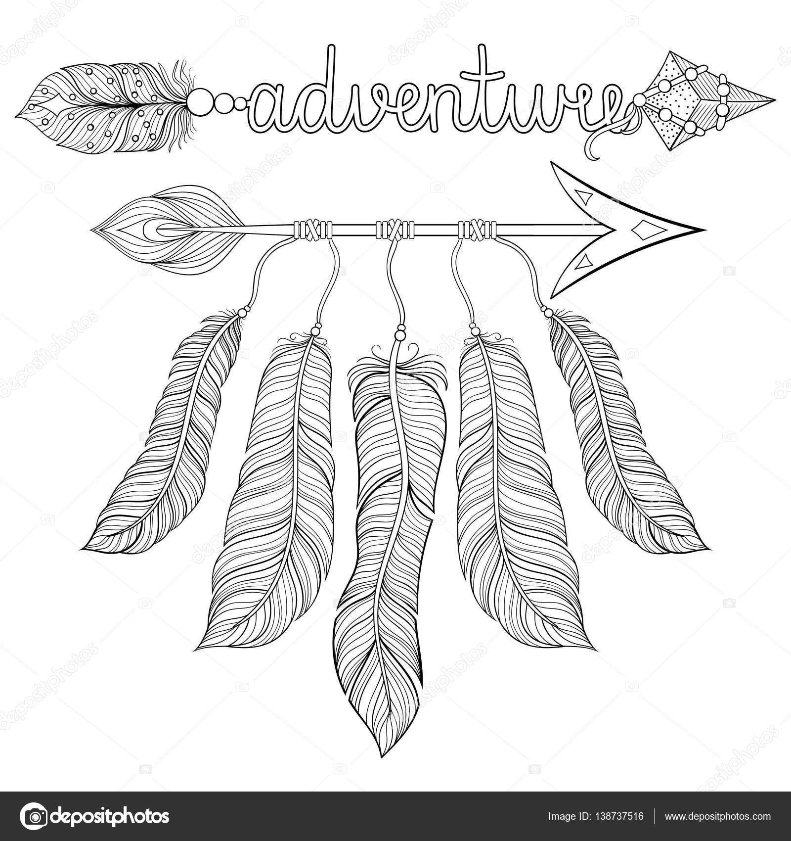 Boho chic ethnic dream Arrow with feathers dreamcatcher adventure lettering Hand drawn American Indian style zentangle illustration for adult coloring