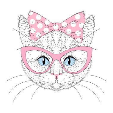 Şirin kedi portre papyon kafasına, güneş gözlüğü kadar iğne ile. El 