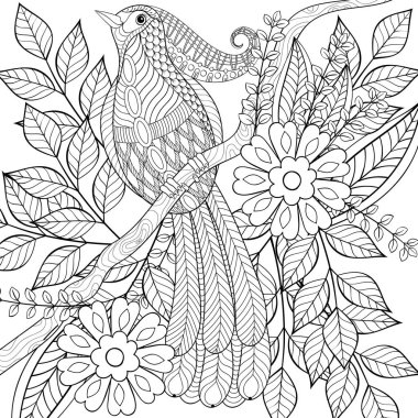 Çiçek açan tr üzerinde oturan elle çizilmiş zentangle egzotik tropik kuş