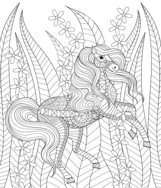 Çizilmiş zentangle at çim ve çiçek yetişkin için el s anti