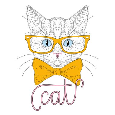 Vektör şirin kedi çocuk portre yazı hipster gözlüklü. Ha
