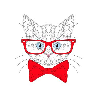 Vektör şirin kedi portre hipster gözlüklü. Elle çizilmiş kitty 
