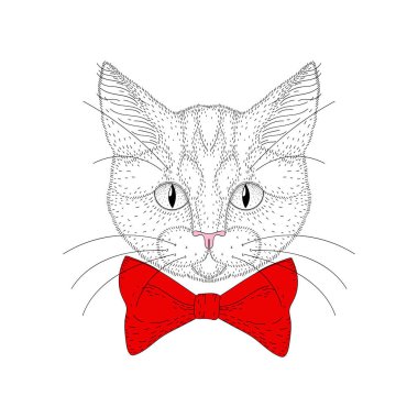 Vektör şirin kedi portre. Kırmızı el çekilmiş hipster kitty Merkez