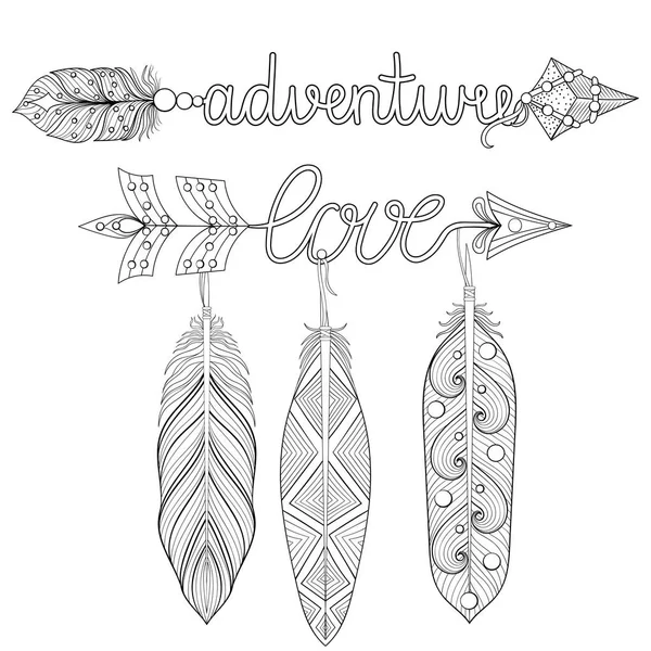 Bohemian adventure, love Arrows set with feathers for adult colo — Stock Vector