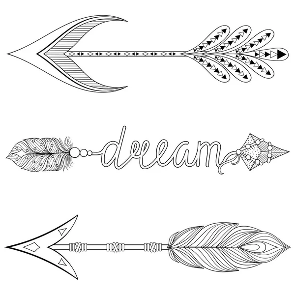 Bohemian Dream Arrows conjunto com penas para páginas de colorir para adultos — Vetor de Stock