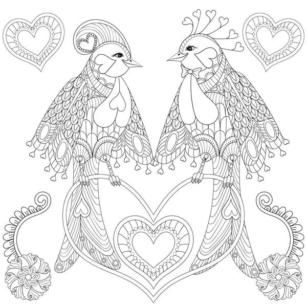 Couple of exotic tropical bird sitting on heart shaped branch fo — Stock Vector