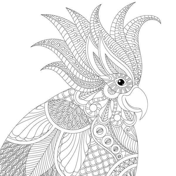 Exotic tropical zentangle cockatoo parrot for adult anti stress — Stock Vector