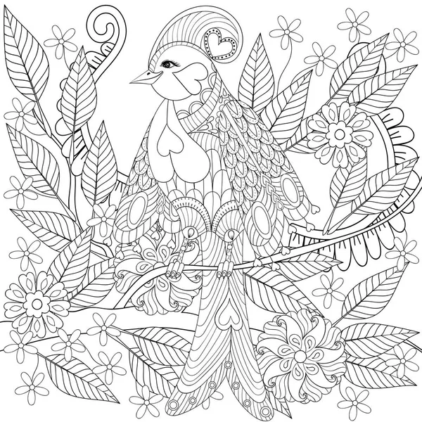 Exotique tropical zentangle oiseau assis sur la branche avec des fleurs fo — Image vectorielle