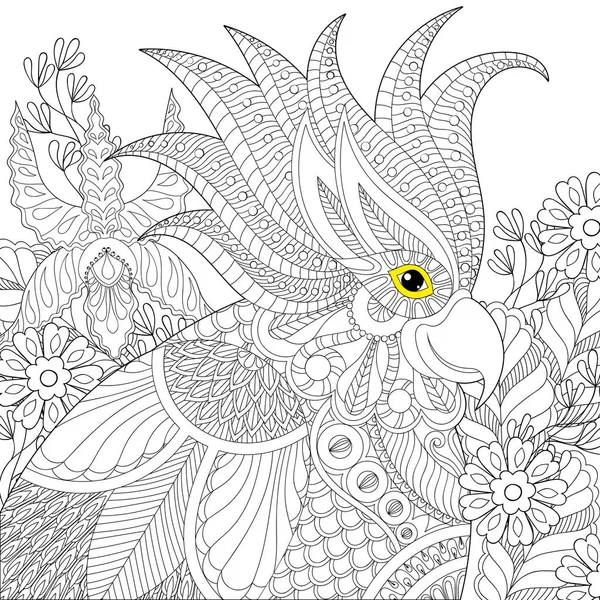 Loro exótico de cacatúa zentangle para colorear adulto anti estrés — Vector de stock