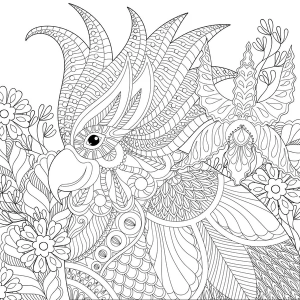 Loro exótico de cacatúa zentangle para colorear adulto anti estrés — Vector de stock