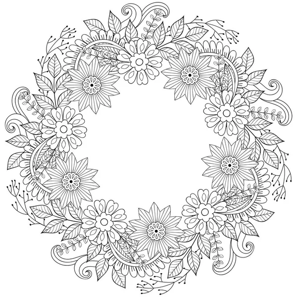 Floral doodles wreath in zentangle ornamental style. Vector circ — Stock Vector
