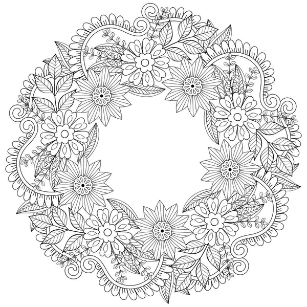 Στεφάνι λουλουδιών doodles σε στυλ zentangle. Διάνυσμα κύκλο κορνίζα ma — Διανυσματικό Αρχείο