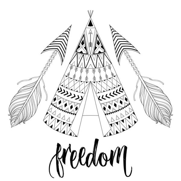 Wigwam nativo americano desenhado à mão com elemento ornamental étnico —  Vetores de Stock