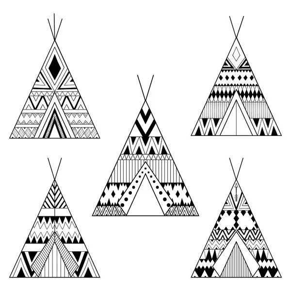 Mano dibujado wigwams nativos americanos conjunto con el ornamental étnico — Archivo Imágenes Vectoriales