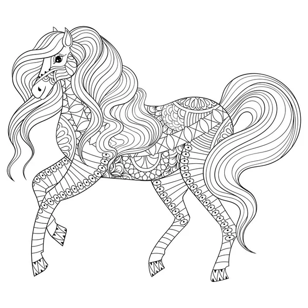 Hand drawn zentangle horse for adult coloring page, art therapy, — Stock Vector