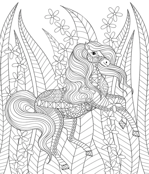 Handgezeichnetes Zentangle Pferd in Gras und Blumen für erwachsene Anti s — Stockvektor