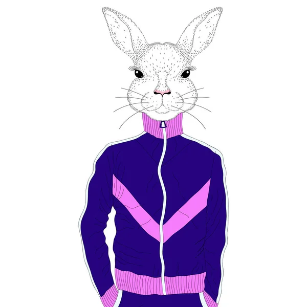 Vector brutal rabbit boy in blue sport suit 90s. Hand drawn anth — Stock Vector