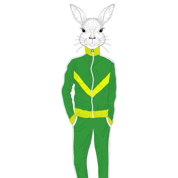 Vector conejo brutal chico en traje deportivo 90s. Antrópico dibujado a mano — Archivo Imágenes Vectoriales