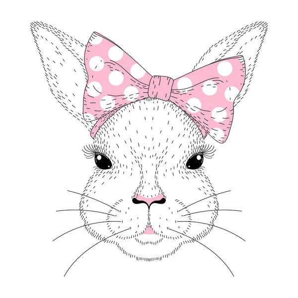 Vector schattige bunny portret. Hand getekend konijn meisje gezicht met pin — Stockvector