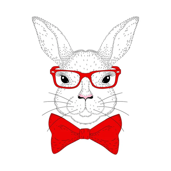 Вектор милий портрет кролика. Рука намальована голова кролика з червоним бантом — стоковий вектор