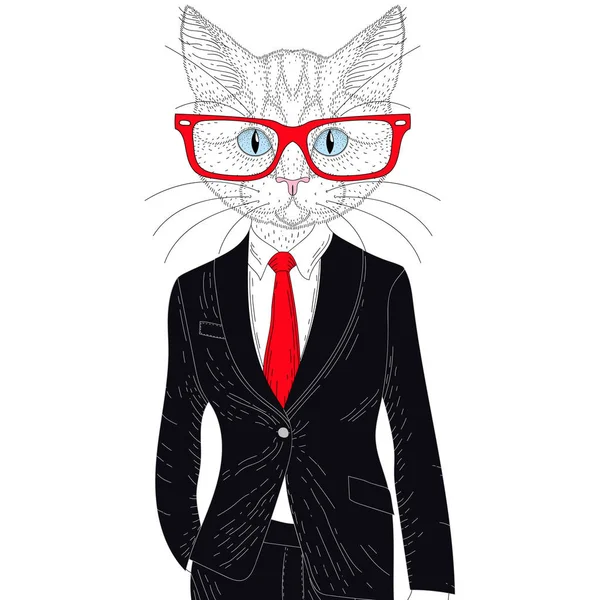 Διάνυσμα χαριτωμένο γάτα αγόρι στο κομψό κλασικό κοστούμι με τα γυαλιά. Χέρι d — Διανυσματικό Αρχείο