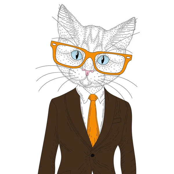 Vector lindo gato chico en traje elegante con gafas. Hormiga dibujada a mano — Vector de stock