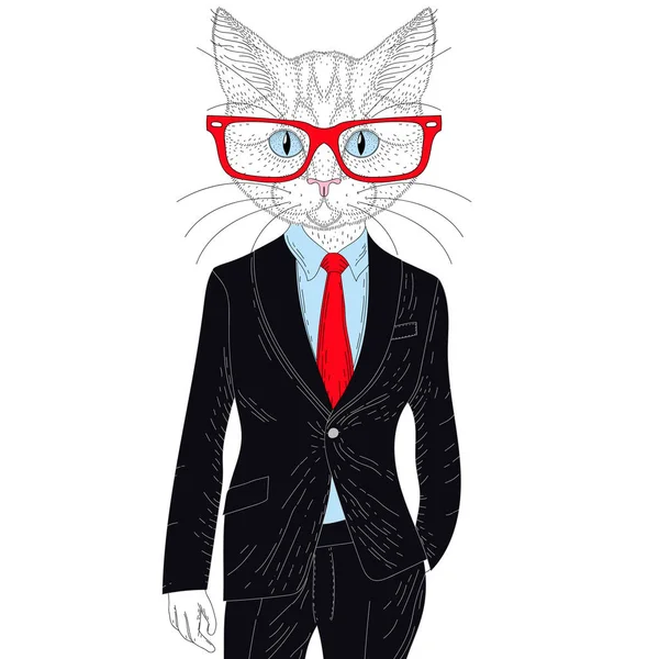 Vector lindo gato chico en traje elegante con gafas. Hormiga dibujada a mano — Vector de stock