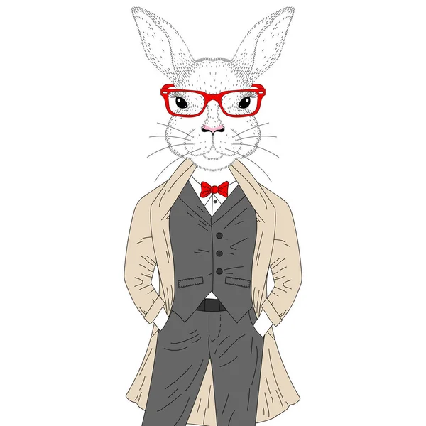 Vector lindo conejo chico en traje elegante con abrigo, gafas. Mano — Archivo Imágenes Vectoriales