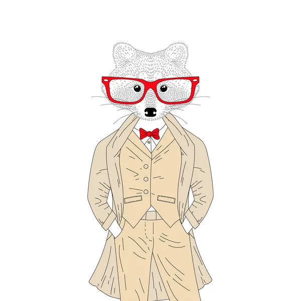 Vector cute raccoon boy in elegant suit with coat, glasses. Hand — Stock Vector