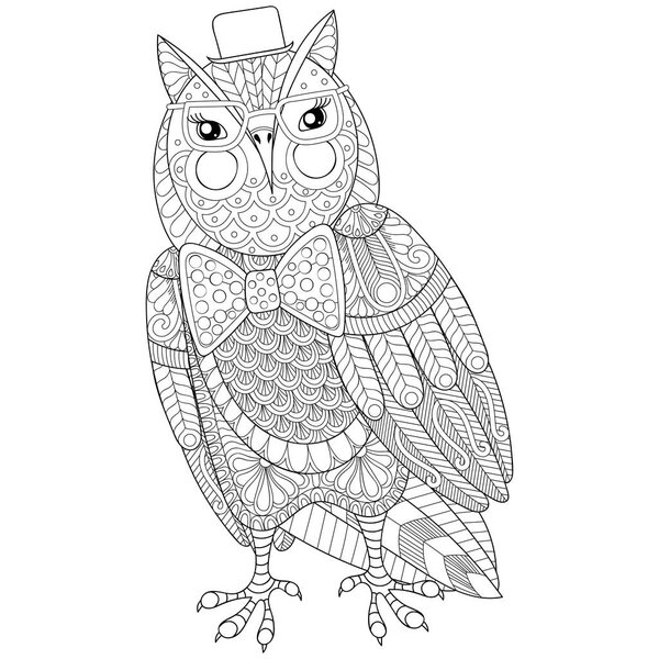 Живопись Zentangle Owl для взрослых антистрессовая раскраска страница, книга
