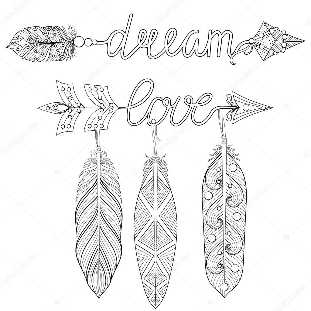 Bohemian Dream, love Arrows set with feathers for adult coloring